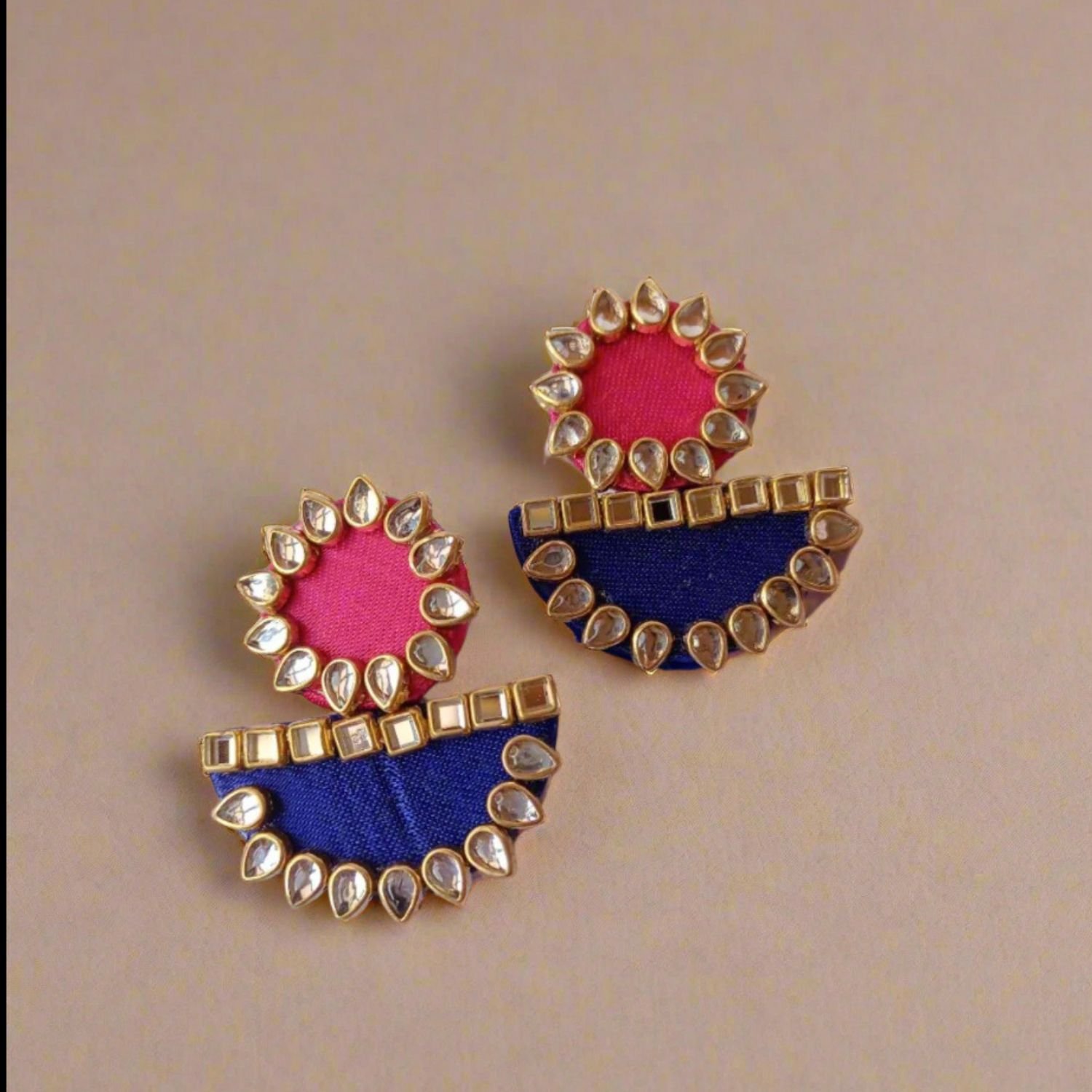 Pink & Blue Kundan Fabric earing